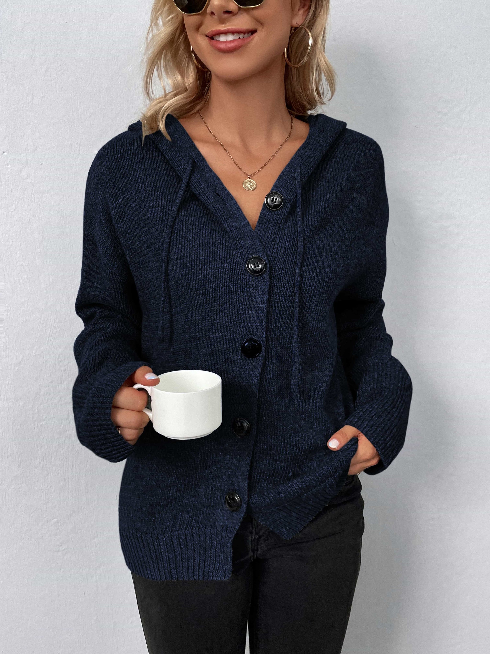 Button-Down Long Sleeve Hooded Sweater - Trendsi - Flyclothing LLC
