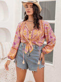 Plus Size Tie Neck Tassel Printed Blouse - Trendsi - Flyclothing LLC