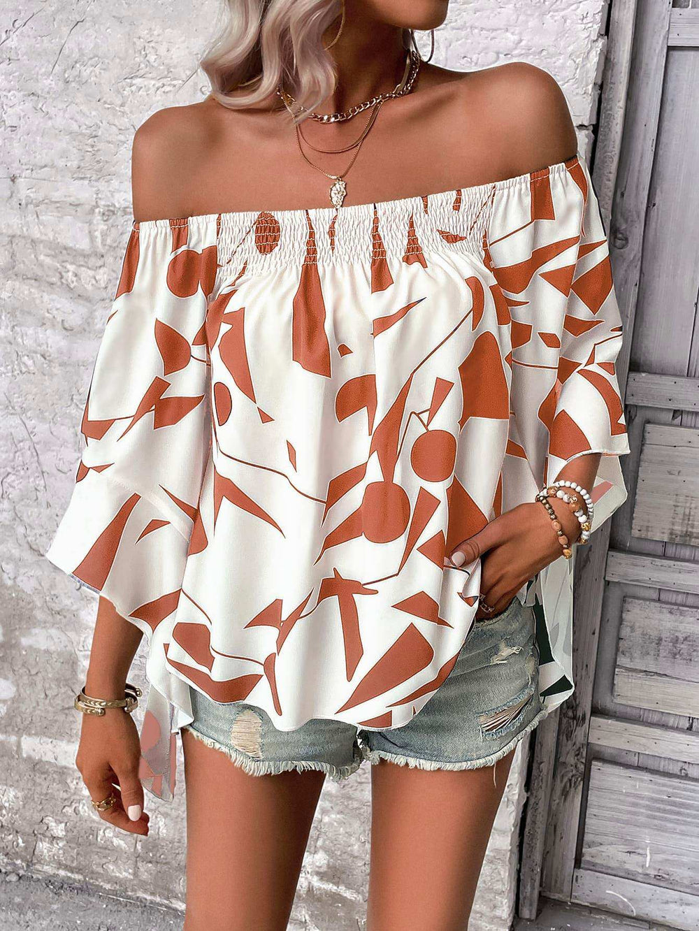Printed Off-Shoulder Bell Sleeve Blouse - Trendsi - Flyclothing LLC