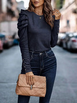 Decorative Button Puff Sleeve T-Shirt - Trendsi - Flyclothing LLC