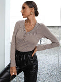 Striped Buttoned V-Neck Long Sleeve Top - Trendsi - Flyclothing LLC