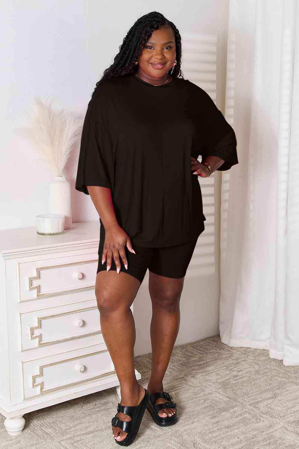 Basic Bae Full Size Soft Rayon Three-Quarter Sleeve Top and Shorts Set - Trendsi - Flyclothing LLC