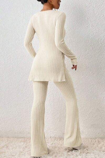 Ribbed Long Sleeve Slit Top and Bootcut Pants Set - Trendsi - Flyclothing LLC