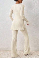 Ribbed Long Sleeve Slit Top and Bootcut Pants Set - Trendsi - Flyclothing LLC