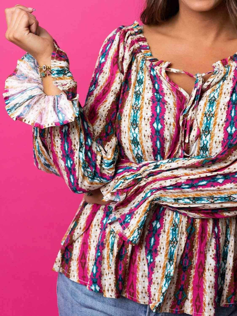 Striped Tie Neck Flounce Sleeve Babydoll Top - Trendsi - Flyclothing LLC