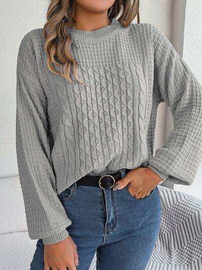 Cable-Knit Round Neck Long Sleeve Sweater - Trendsi - Flyclothing LLC