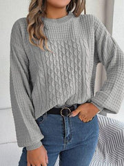 Cable-Knit Round Neck Long Sleeve Sweater - Trendsi