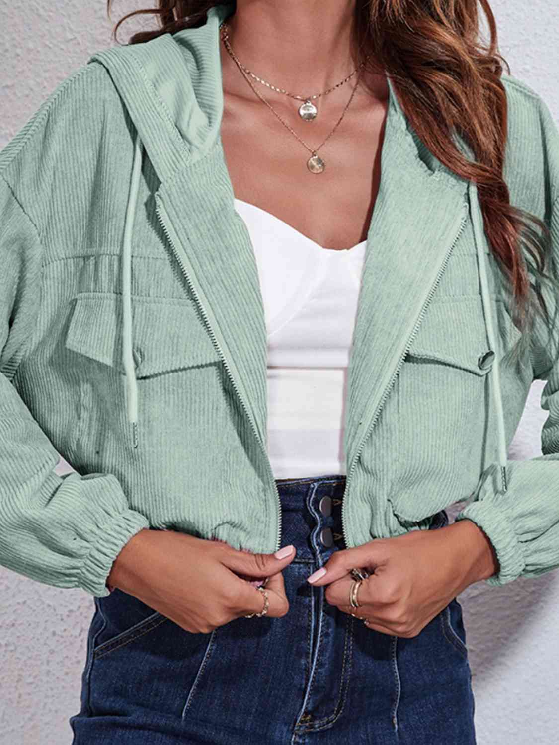 Drawstring Hooded Zip Up Jacket with Pockets - Trendsi - Flyclothing LLC