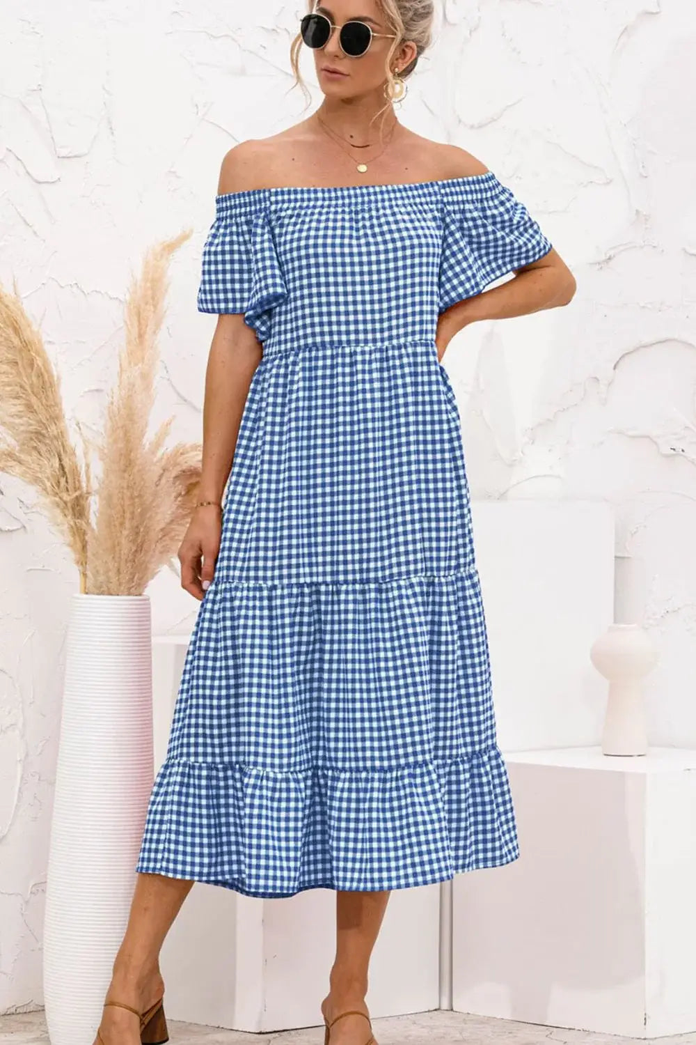 Plaid Off-Shoulder Tiered Midi Dress - Trendsi - Flyclothing LLC