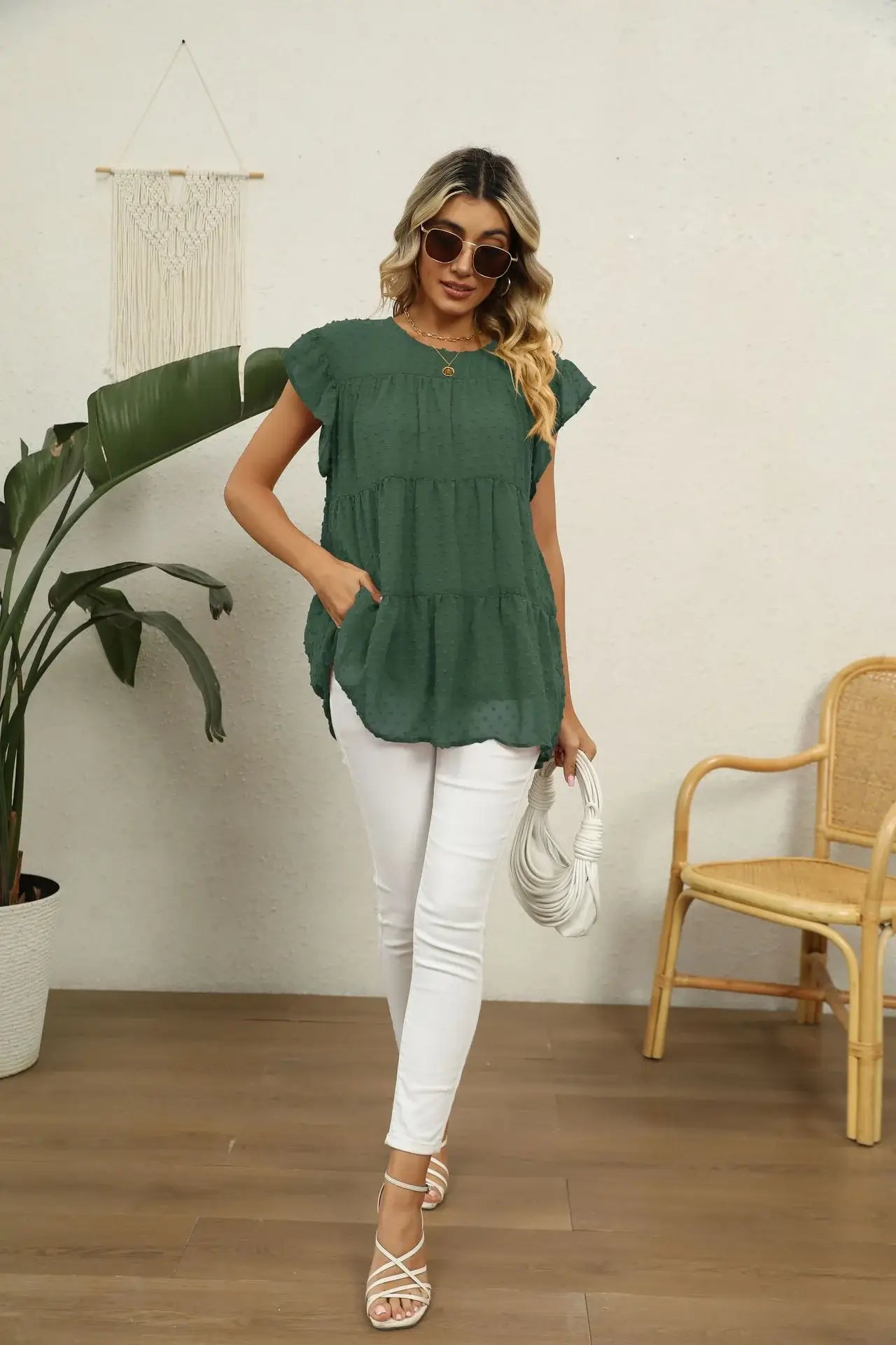 Swiss Dot Round Neck Tiered Blouse - Trendsi - Flyclothing LLC