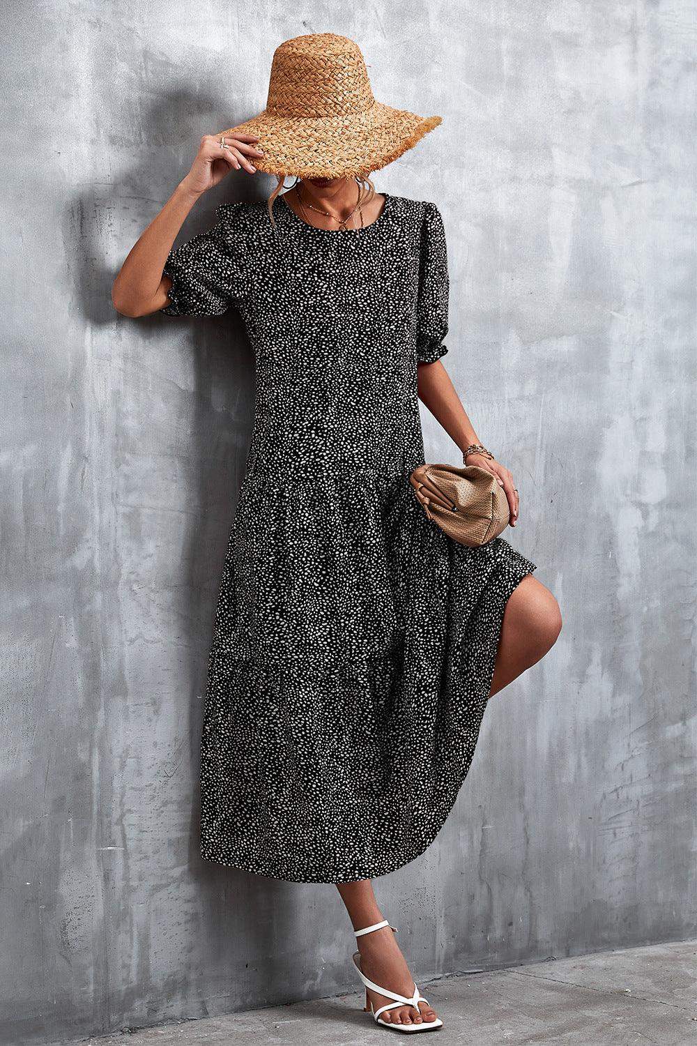 Printed Flounce Sleeve Tiered Dress - Trendsi - Flyclothing LLC