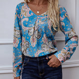 Printed V-Neck Long Sleeve Blouse - Trendsi