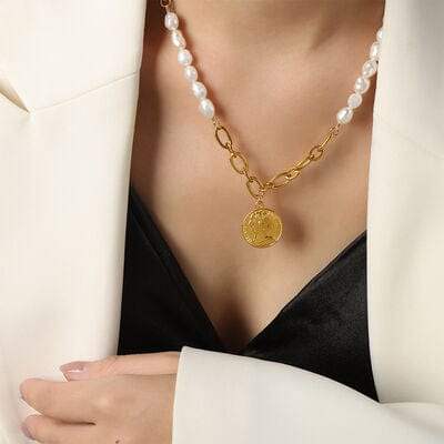 Coin pendant Pearl Titanium Steel Necklace - Trendsi - Flyclothing LLC