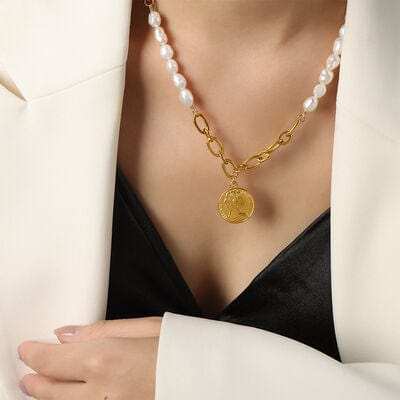 Coin pendant Pearl Titanium Steel Necklace - Trendsi - Flyclothing LLC
