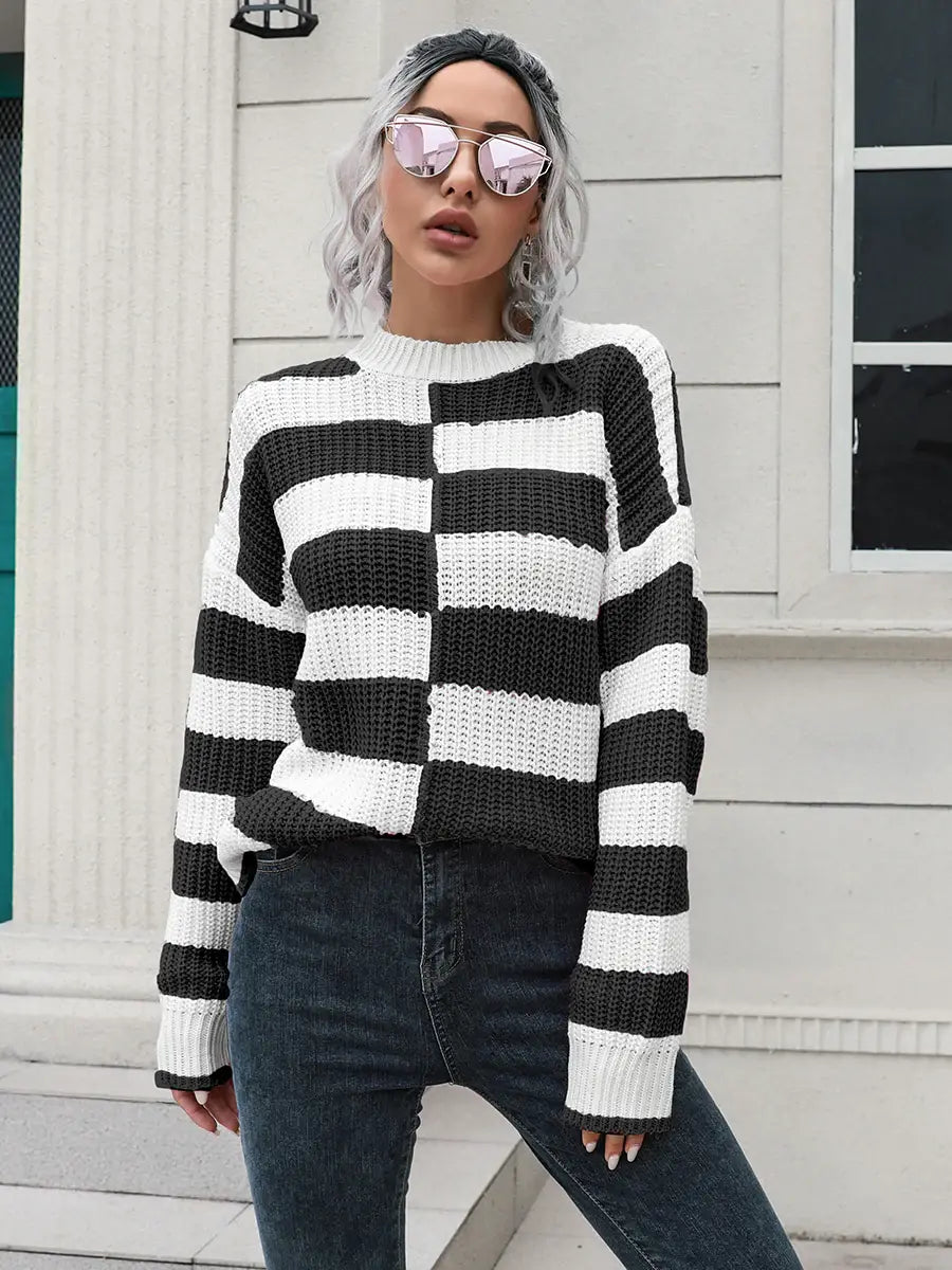Two-Tone Dropped Shoulder Sweater - Trendsi - Flyclothing LLC