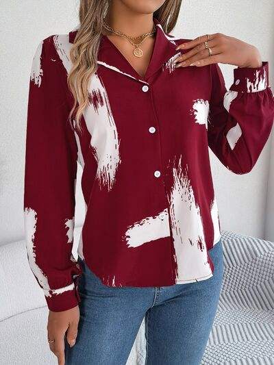 Printed Collared Neck Button Up Shirt - Trendsi - Flyclothing LLC