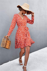 Printed V-Neck Tie Belt Ruffle Hem Mini Dress - Trendsi - Flyclothing LLC