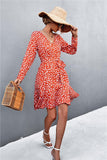 Printed V-Neck Tie Belt Ruffle Hem Mini Dress - Trendsi