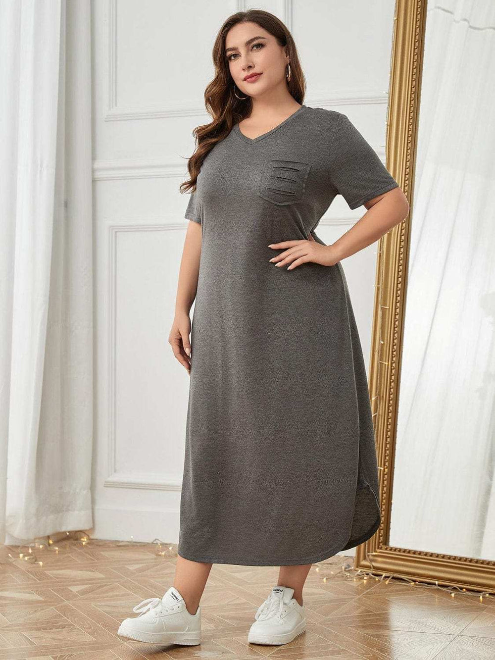 Plus Size Pocketed V-Neck Short Sleeve Lounge Dress - Trendsi - Flyclothing LLC