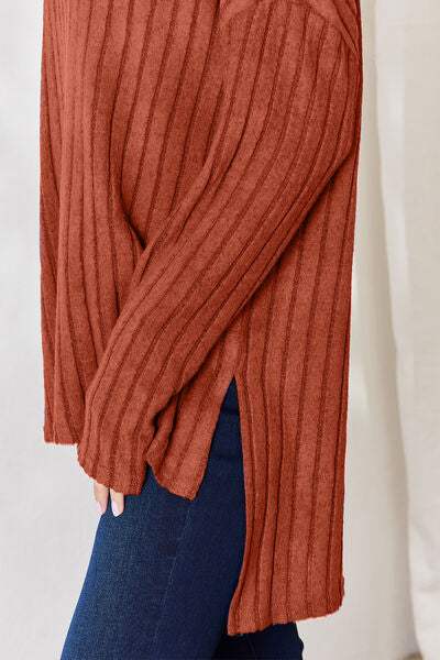 Basic Bae Full Size Ribbed Half Button Long Sleeve High-Low T-Shirt - Trendsi - Flyclothing LLC