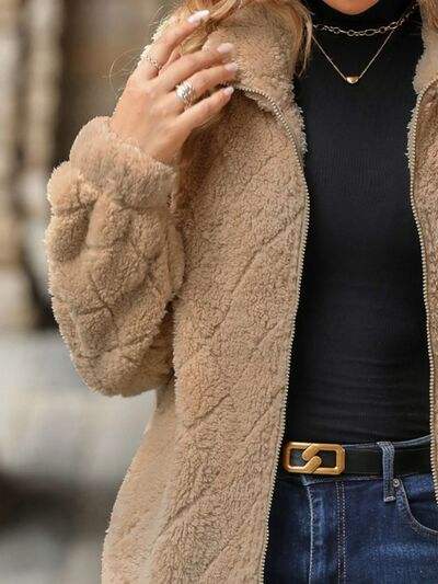 Fuzzy Pocketed Zip Up Jacket - Trendsi - Flyclothing LLC