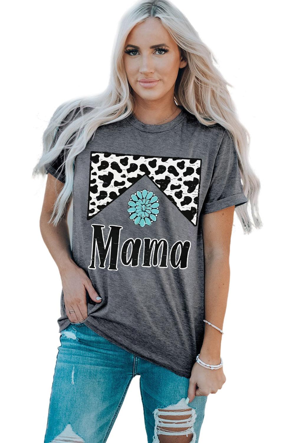 MAMA Graphic Cuffed Sleeve Round Neck Tee - Flyclothing LLC