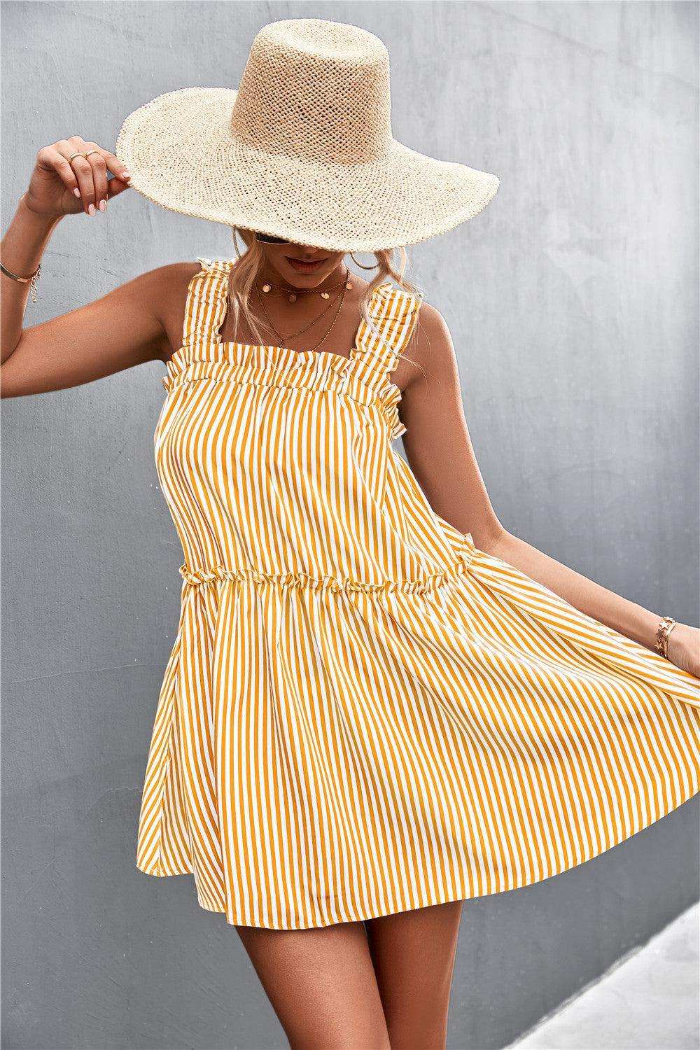 Striped Frill Trim Square Neck Dress - Trendsi - Flyclothing LLC