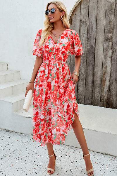Smocked Printed V-Neck Short Sleeve Dress - Trendsi - Flyclothing LLC