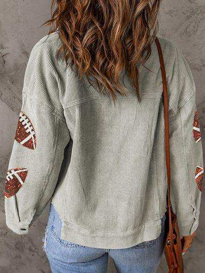 Football Sequin Button Up Dropped Shoulder Jacket - Trendsi - Flyclothing LLC