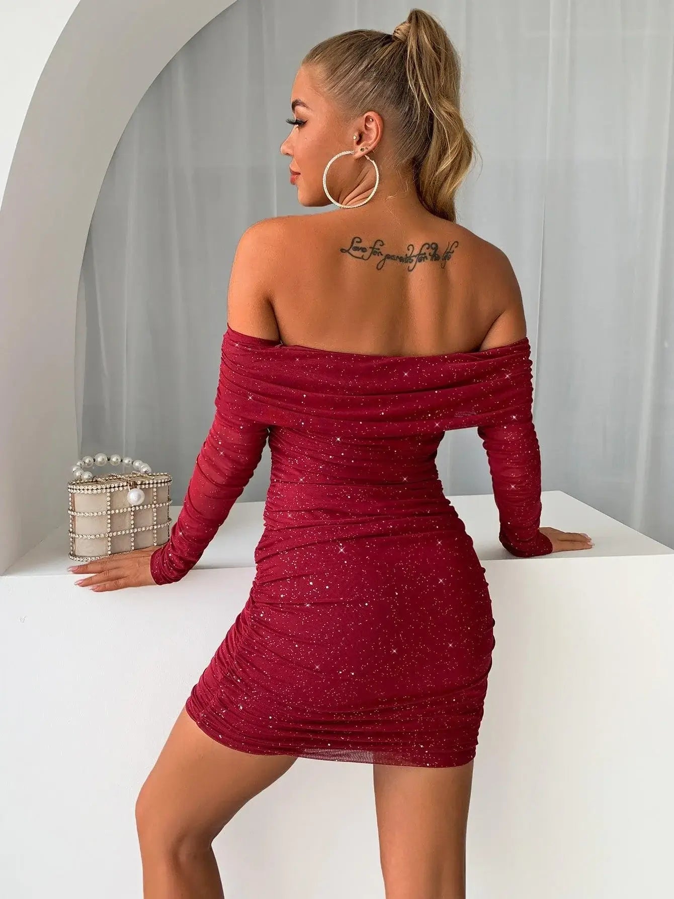 Glitter Mesh Off-Shoulder Ruched Mini Dress - Trendsi - Flyclothing LLC