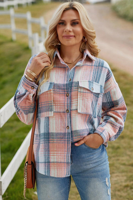 Plaid Dropped Shoulder Shacket - Trendsi