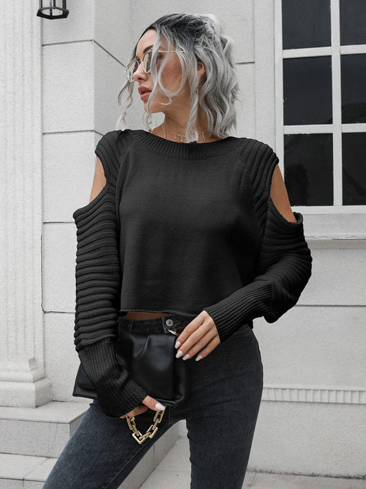 Cold-Shoulder Ribbed Trim Sweater - Trendsi