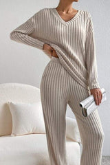 Ribbed V-Neck Top and Pants Set - Trendsi - Flyclothing LLC