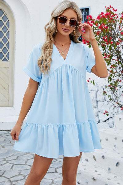 Ruched Tiered V-Neck Short Sleeve Mini Dress - Trendsi - Flyclothing LLC