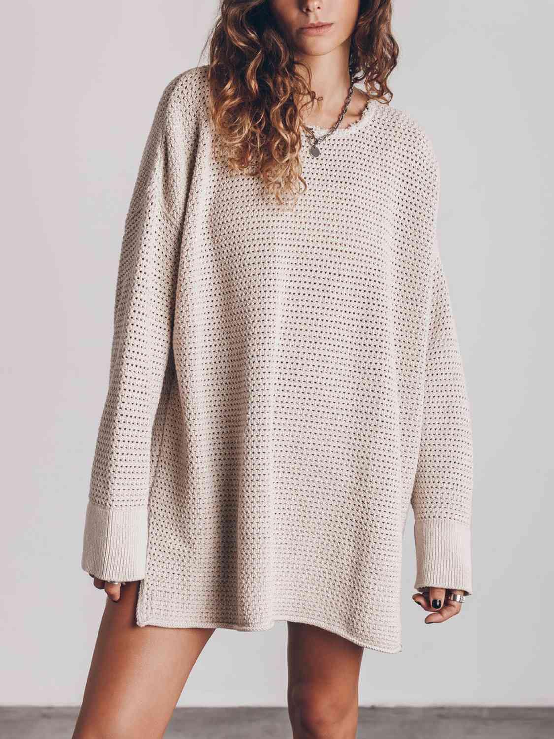 Openwork Round Neck Long Sleeve Slit Sweater - Trendsi