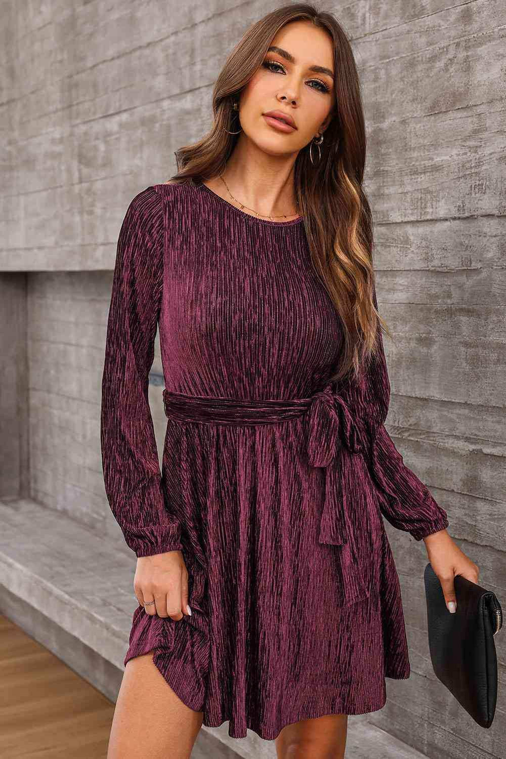 Round Neck Tie Front Long Sleeve Dress - Trendsi - Flyclothing LLC