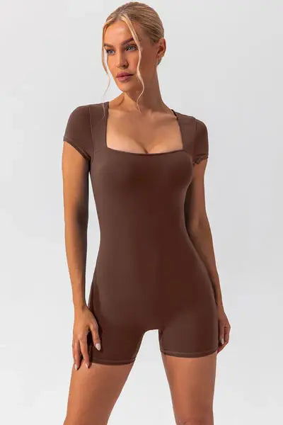 Square Neck Cap Sleeve Active Romper - Trendsi - Flyclothing LLC