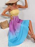 Color Block Tie Shoulder Smocked Maxi Dress - Trendsi - Flyclothing LLC