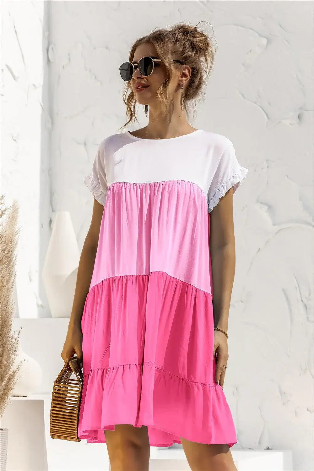 Color Block Round Neck Ruffle Hem Dress - Trendsi - Flyclothing LLC