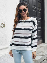Striped Round Neck Long Sleeve Sweater - Trendsi - Flyclothing LLC