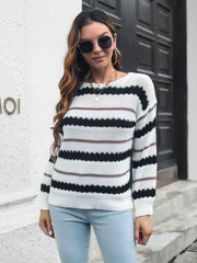 Striped Round Neck Long Sleeve Sweater - Flyclothing LLC