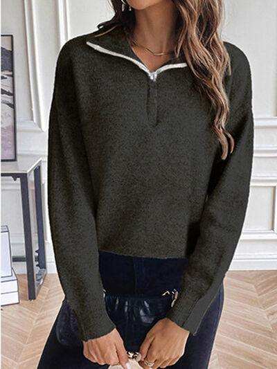 Half Zip Dropped Shoulder Sweater - Trendsi - Flyclothing LLC