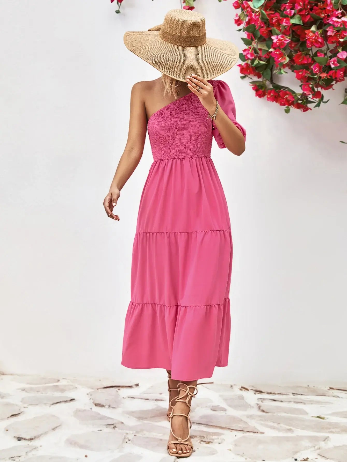 Smocked One-Shoulder Midi Dress - Trendsi - Flyclothing LLC