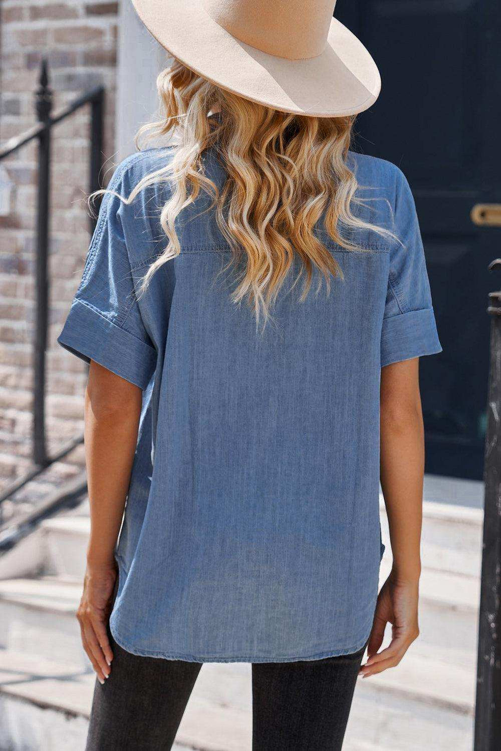 Button Front Collared Short Sleeve Shirt - Trendsi - Flyclothing LLC