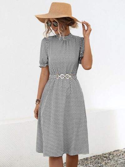 Printed Mock Neck Flounce Sleeve Dress - Trendsi - Flyclothing LLC