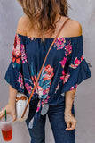 Printed Off-Shoulder Flounce Sleeve Top - Trendsi