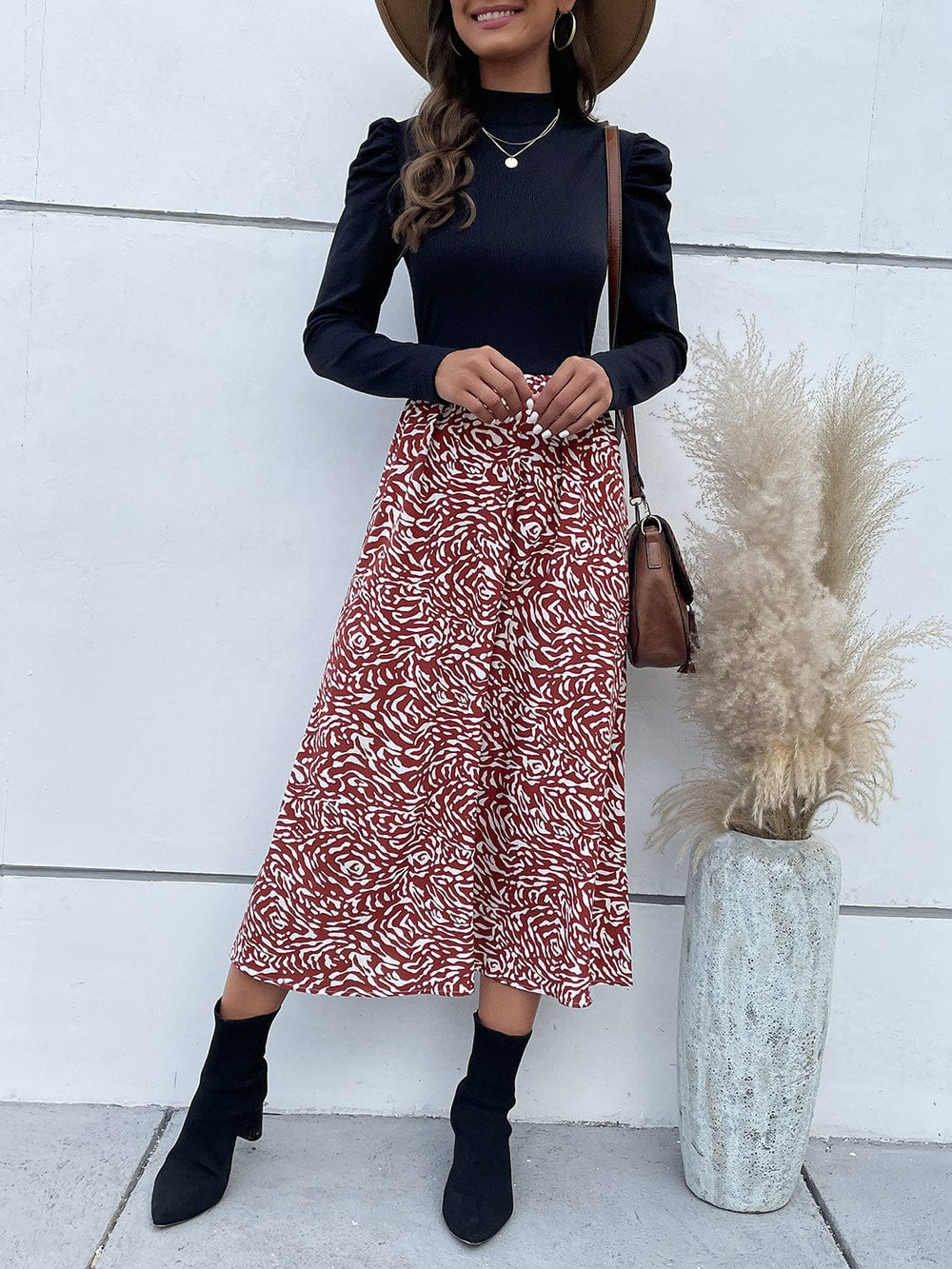 Printed Mock Neck Puff Sleeve Midi Dress - Trendsi