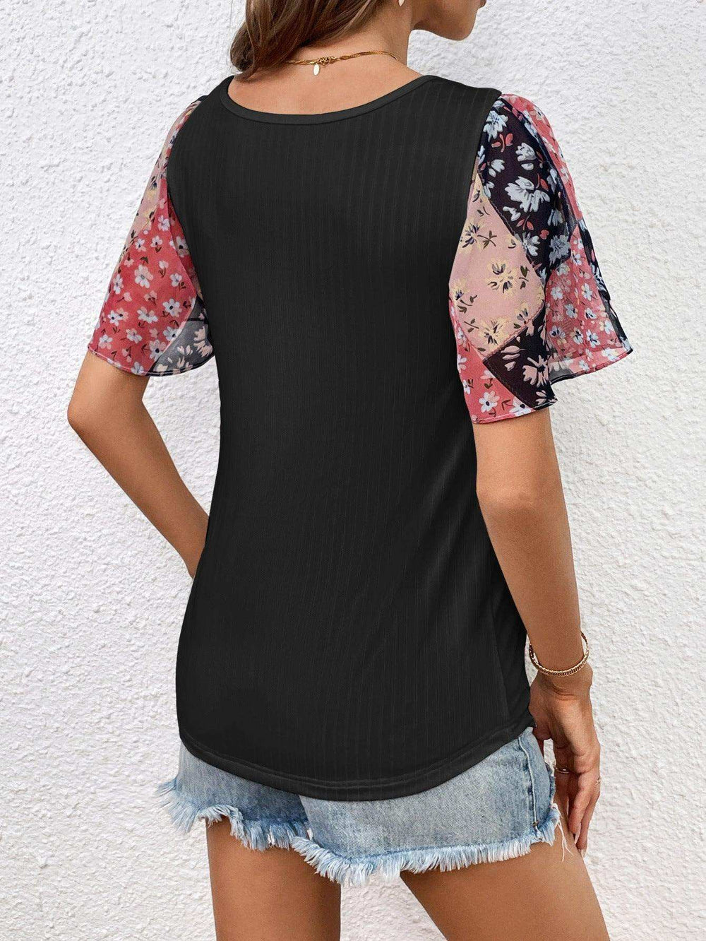 Printed Puff Sleeve Round Neck Tee - Trendsi - Flyclothing LLC