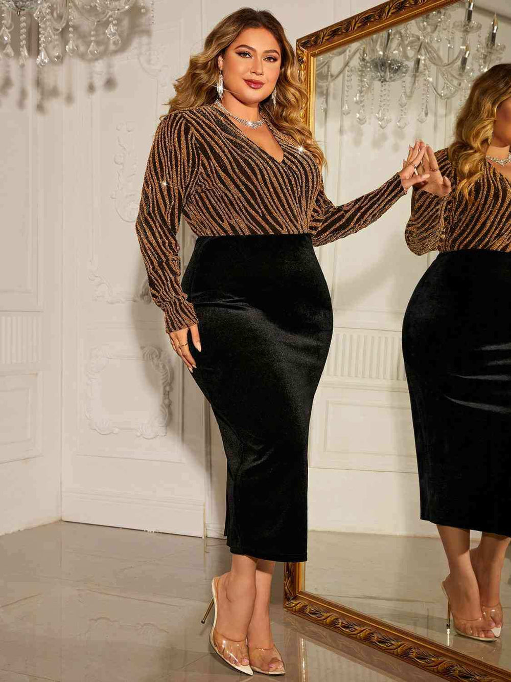 Plus Size Surplice Neck Long Sleeve Slit Dress - Trendsi - Flyclothing LLC