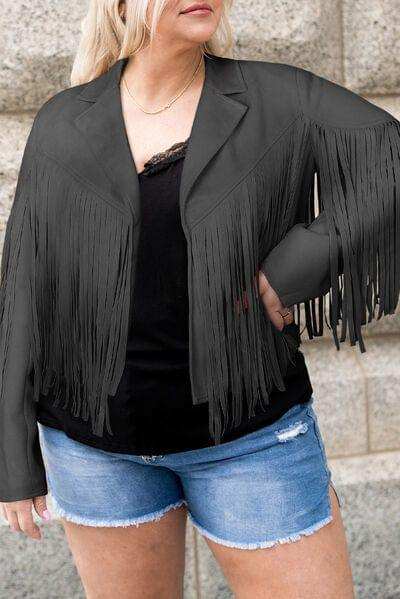 Plus Size Fringe Open Front Jacket - Trendsi - Flyclothing LLC
